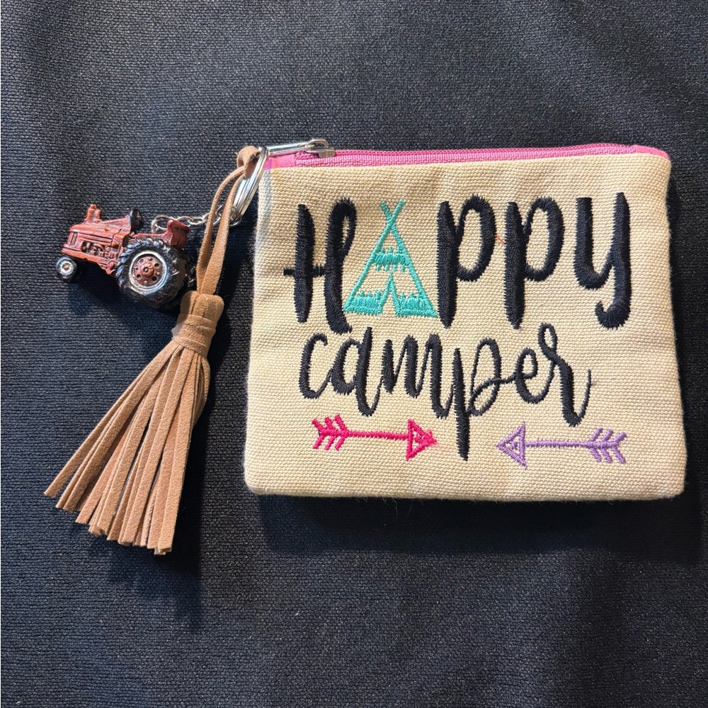 Happy Camper Canvas Zip Pouch with Tassel and Tractor Key Chain